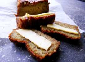 Banana bread, egg free, served with butter and honey