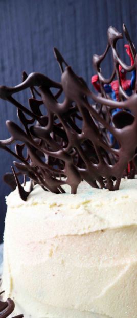 Gently 'plant' the spiderwebs into the top of the cake